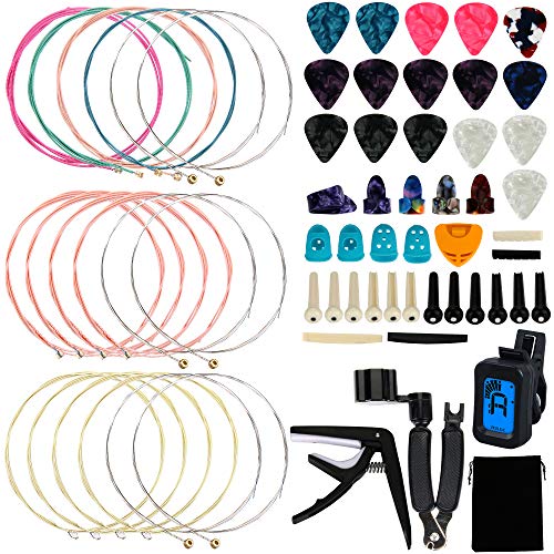 Book Cover Augshy 65 PCS Guitar Tool Changing Accessories Kit Including Guitar Strings, Guitar Picks, Pick Holder, Capo, String Winder&Cutter, Thumb Finger Picks, Tuner, Guitar Bones, and Storage Bag for Beginne