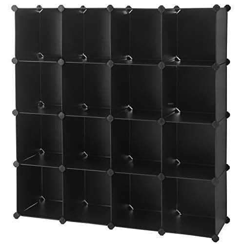 Book Cover SONGMICS Cube Storage Organizer, 16-Cube Book Shelves, DIY Plastic Closet Cabinet, Modular Bookcase, Ideal for Bedroom, Living Room, Office, with Rubber Hammer Black ULPC44BK