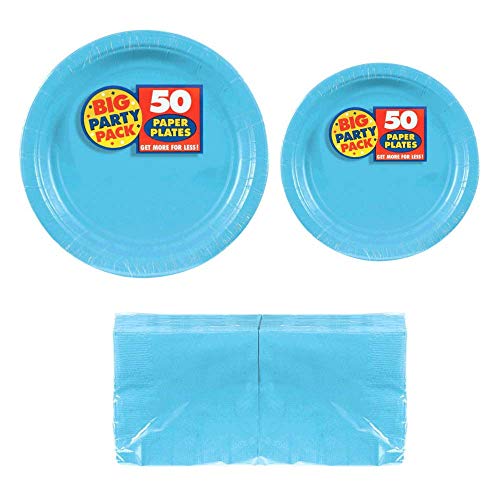 Book Cover Serves 50 | Big Party Pack Caribbean Blue 50-Set (Dinner Plates, Dessert Plates, Luncheon Napkins) Party Avenue Bundle-Pack | Complete Party Pack | Baby Shower, Office parties, Birthday Parties, Festivals, Light Blue Party Theme