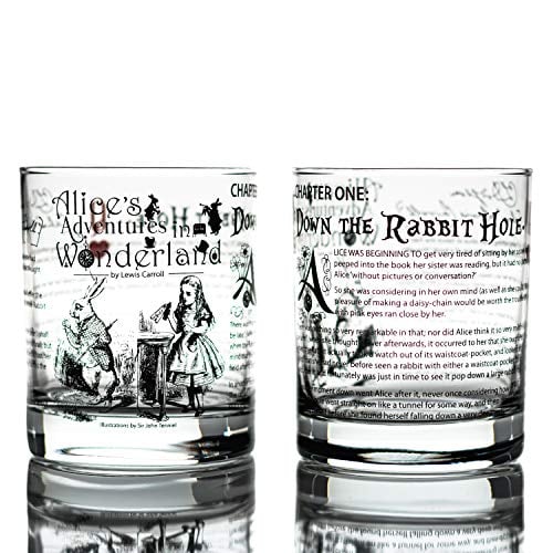 Book Cover Greenline Goods Whiskey Glasses - Alice in Wonderland (Set of 2) | Literature Rocks Glass with Lewis Carroll Book Images & Writing