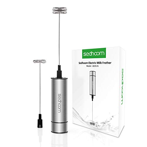 Book Cover Sedhoom Milk Frother Handheld, Travel Coffee Frother, Frother Battery Operated, Foam Maker with both Single and Double Whisks, Silver