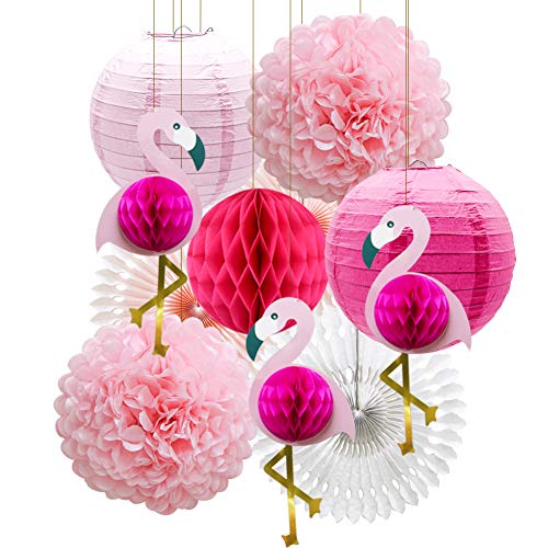 Book Cover Tropical Pink Flamingo Party Honeycomb Decoration, Pom Poms Paper Flowers Tissue Paper Fan Paper Lanterns for Hawaiian Summer Beach Luau Party