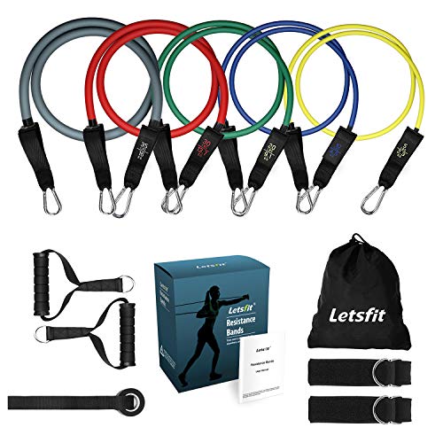 Book Cover Letsfit Resistance Bands Set, Exercise Bands with Handles, Training Tubes with Door Anchor & Ankle Straps for Resistance Training, Physical Therapy, Home Workout, Yoga, Pilates Stackable up to 100 lbs
