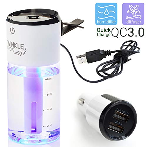 Book Cover Car Humidifier Vent Clip and Dual Car Charger with QC 3.0 Port - USB Ultrasonic Oil Diffuser with Bottle for Home Office - Portable Cool Mist Humidifier(White)