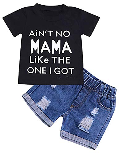 Book Cover GRNSHTS Baby Boy Girl Letter Clothes Summer Short Sleeve Tops Denim Pants Shredded Jeans Outfit