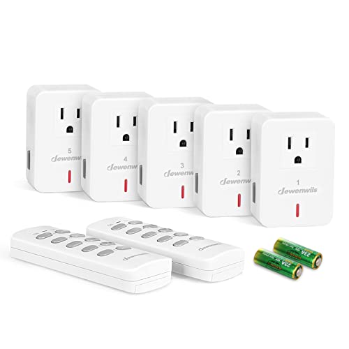 Book Cover DEWENWILS Remote Control Outlet Plug Wireless On Off Power Switch, Programmable Remote Light Switch Kit, 100ft RF Range, Compact Design, ETL Listed, White (2 Remotes + 5 Outlets Set)