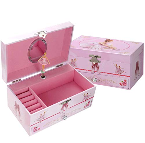 Book Cover Sweet Musical Jewelry Box with Pullout Drawer and Dancing Ballerina Girl Figurines Music Box Jewel Storage Case for Girls