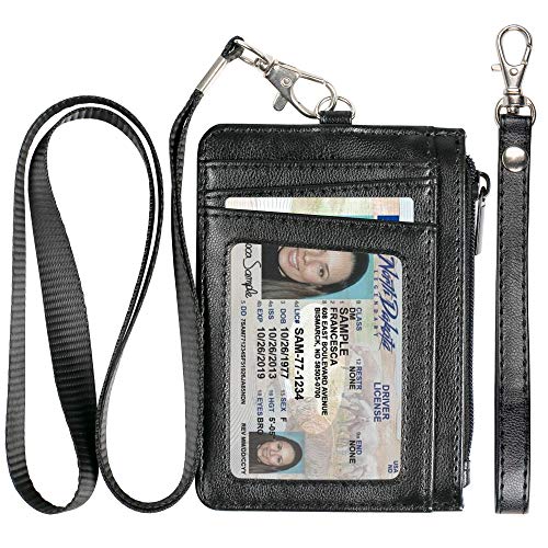 Book Cover Teskyer Leather Badge Holder with Zipper Pocket,1 Clear ID Window and 3 Card Slots with Secure Cover, Premium Leather ID Holder with Nylon Lanyard for Office School ID, Credit Cards, Driver Licence