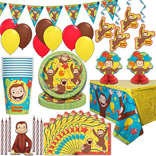 Book Cover Curious George Party Supplies, Serves 16 - Plates, Napkins, Tablecloths, Cups, Balloons, Hanging Decorations, Centerpieces, Flag Banner, Candles, Cake Topper - Full Tableware set for birthday parties and more