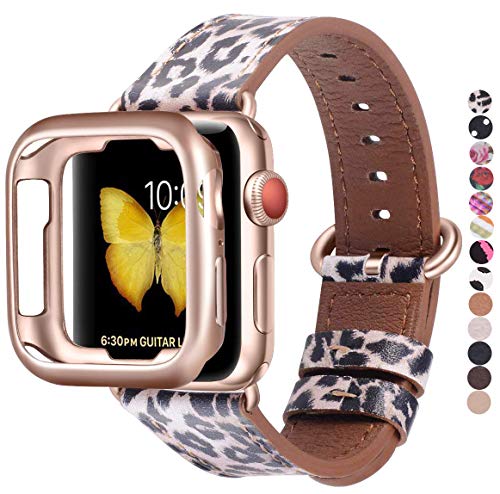 Book Cover JSGJMY Compatible iWatch Band 38mm 40mm with Case, Genuine Leather Strap with Rose Gold Adapter and Buckle(The Same Color as Series 4/3 Gold Aluminum) for Series 4/3/2/1, Leopard Print