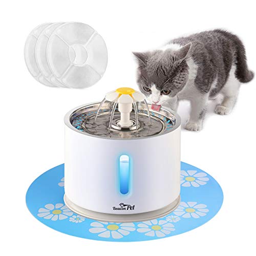 Book Cover Beacon Pet Cat Water Fountain Stainless Steel, 2.4L Automatic Pet Fountain Upgrade Pump Replacement Water Dog Dispenser with 3 Replacement Filters & 1 Silicone Mat for Cats Dogs Multiple Pets