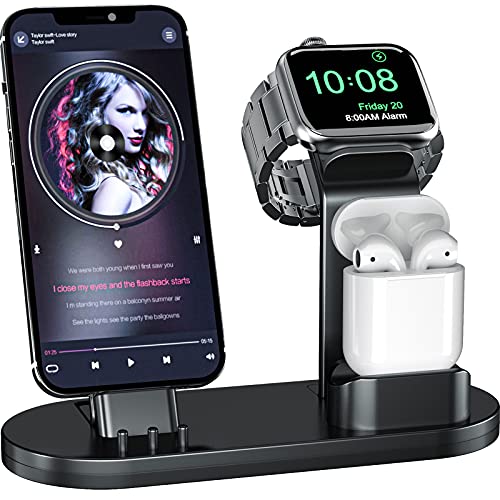 Book Cover OLEBR 3 in 1 Charging Stand Compatible with Apple Watch 45mm/44mm and 41mm/40mmÂ Series 7/SE/6/5 /4/3 /2/1, AirPods Pro and Phone Series 13/12/11/X/8/7/6S/5ï¼ˆOriginal Cable Requiredï¼‰ Black