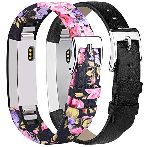 Book Cover Tobfit Leather Bands Compatible with for Fitbit Alta Bands and Fitbit Alta HR Bands, 2 Pack, Black, Pink Floral