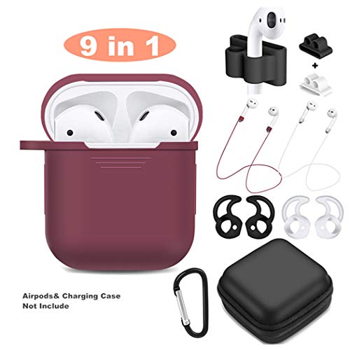 Book Cover AirPods Case 9 In 1 Airpods Accessories Kits Protective Silicone Cover and Skin Compatible Apple Airpods Charging Case with Airpods Ear Hook/Tips/Airpods Strap/Clips/Watch Holder (Burgundy New)