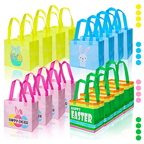 Book Cover Whaline Easter Gift Bags with Handle 16 Pack Reusable Non-Woven Bunny Easter Egg Colorful Water-Resistant Tote Treat Bags for Gifts Wrapping Egg Hunt Game Easter Party Supplies, 8.5 x 8.5 x 6''