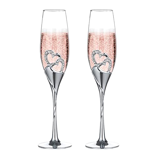 Book Cover Creative Heart Set with Diamonds Champagne Flutes - Wedding Glasses for Bride & Groom - Toasting Cups Gift Sets for Couples - Engagement, Wedding, Anniversary, House Warming, Hostess Gift (Silver)