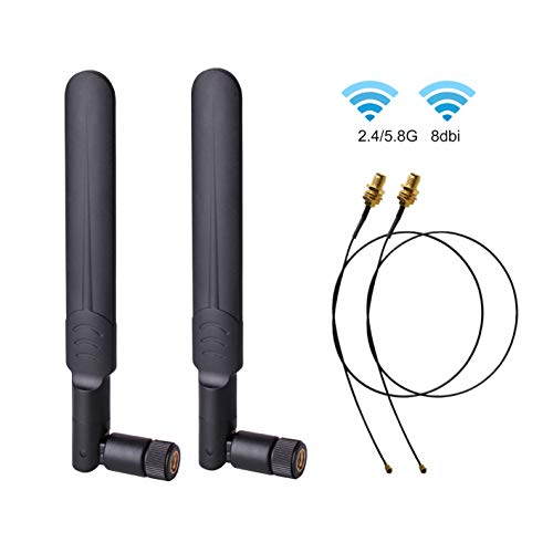 Book Cover 2 x 8dBi 2.4GHz 5GHz 5.8GHz Dual Band WiFi RP-SMA Male Antenna+2 x 35CM U.FL/IPEX to RP SMA Female Pigtail Cable for Mini PCIe Card Wireless Routers PC Repeater Desktop FPV UAV Drone PS4 Build