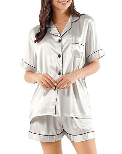 Book Cover GAESHOW Womens Silk Pajamas Set, Satin Pajamas Short Sleeve Pj Sets Button-Down Sleepwear Two Piece Loungewear S~3XL Grey