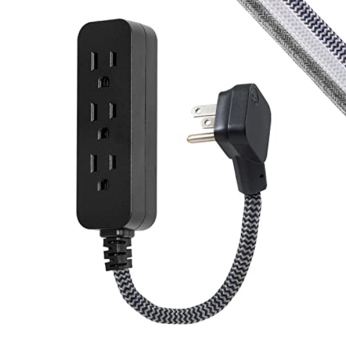 Book Cover GE Pro Mini 3-Outlet Power Strip, 6 inch Designer Braided Extension Cord, Grounded, Flat Plug, Warranty, UL Listed, Black/Gray, 45191