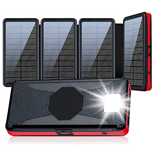 Book Cover Solar Charger 26800mAh Portable Solar Power Bank with 4 Solar Panels for Outdoor, 2 Inputs 2 Outputs USB Compatible with Most Smartphones, Tablets, Water-Resistant Charger Pack with LED Flashlight
