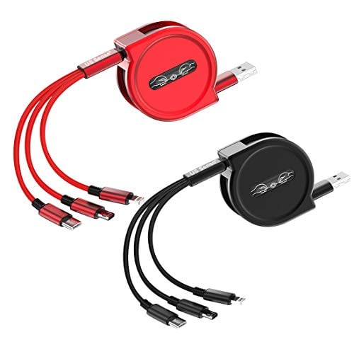 Book Cover US Sense 2 Pack Multi USB Charger Cable Retractable 4ft 3 in 1 Multiple Charging Cord Adapter with Mini Type C Micro USB Port Connectors Compatible with Cell Phones Tablets(Black and Red)