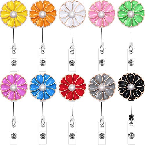 Book Cover Boao Retractable Badge Holder with Alligator Clip, Badge Clips ID Badge Reel Clip on Card Holders, 10 Pieces (Flower and Pearl)