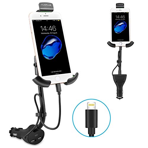 Book Cover [Upgraded] AUOPLUS Gooseneck Car Outlet Mount Cigarette Lighter Phone Holder Charger with Built-in Charging Cord Compatible with iPhone