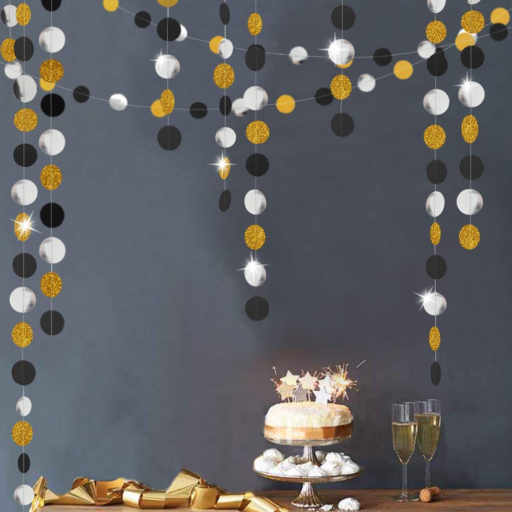 Book Cover Decor365 Gold Back Circle Dots Garland Streamers Party Decorations Glitter Black Hanging Streamer Banner Backdrop Decoration for Birthday/Wedding/New Year/Gruaduation