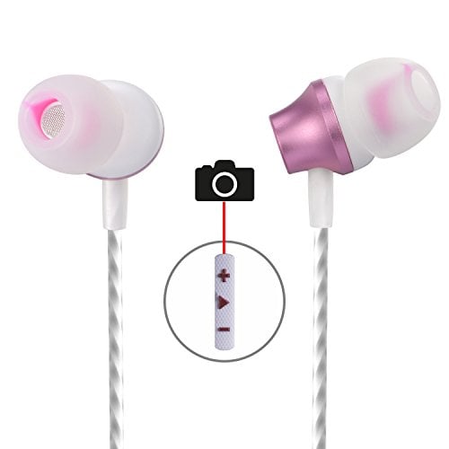 Book Cover in-Ear Earbuds with Selfie, Kicoeoy Wired Earphones Stereo Bass Headphones Noise Cancelling Headset with Built-in Mic and Volume Control 3 Extra Silicone Ear Buds(S/M/L) (Rose Gold)