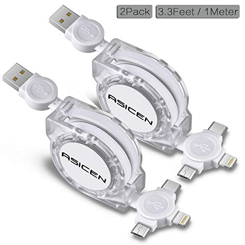 Book Cover 2-Pack ASICEN Retractable Multiple 3A Fast Charging Cable, Multi Charger Cord 3.3ft/1m 3 in 1 USB Charge Cord with Phone/Type C/Micro USB Connector for Phone/Galaxy s9/S8/S7/Hawei and More (White)