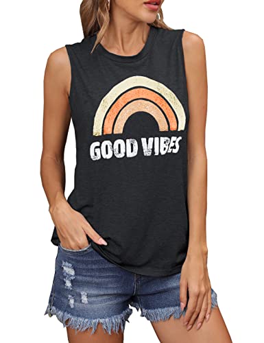 Book Cover IRISGOD Women's Tank Tops Graphic Tees Good Vibes Loose Fit Sleeveless Crew Neck T Shirts Tops