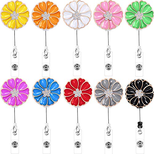 Book Cover Boao Retractable Badge Holder with Alligator Clip, Badge Clips ID Badge Reel Clip on Card Holders, 10 Pieces (Flower and Crystal)