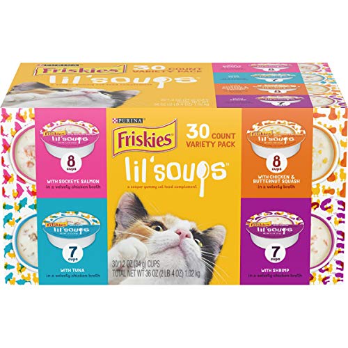 Book Cover Purina Friskies Grain Free Wet Cat Food Complement Variety Pack, Lil' Soups Salmon, Tuna, Chicken & Shrimp - (30) 1.2 oz. Cups