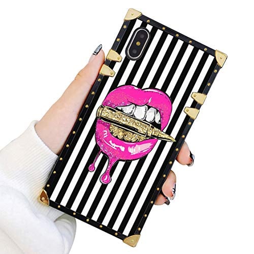 Book Cover Square Case Compatible iPhone Xs Max Pink Lips in Bullet Luxury Elegant Soft TPU Full Body Shockproof Protective Case Metal Decoration Corner Back Cover iPhone Xs Max Case 6.5 Inch