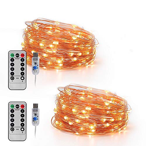 Book Cover LED Fairy Lights, [2 Pack] 16.6FT 50 LED USB Plug in Fairy String Lights, 8 Modes Warm White Changing Copper Wire Lights with Remote, Twinkle Lights for Bedroom, Patio, Party
