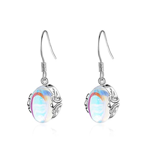 Book Cover GOMYIE Boho Colorful Moonstone Earrings Women Vintage Crystal Round Beads Pendant Earring For Women(Silver color)