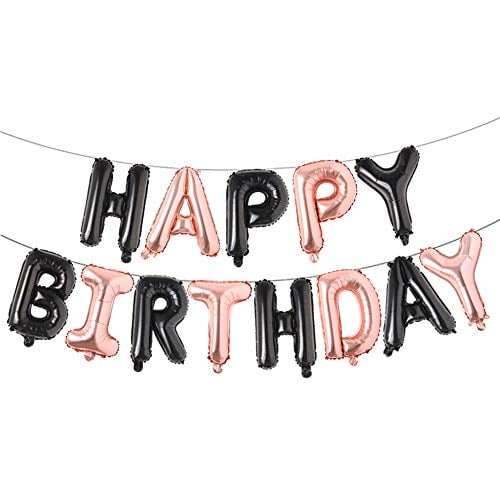 Book Cover Happy Birthday Balloons, Aluminum Foil Banner Balloons for Birthday Party Decorations and Supplies (Black Rose Gold)