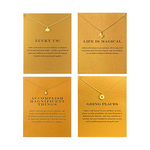 Book Cover QXFQJT Friendship Elephant Necklace Set Unicorn Anchor Key Compass Sun Graduation Necklace with Meaning Gift Card,4PCS