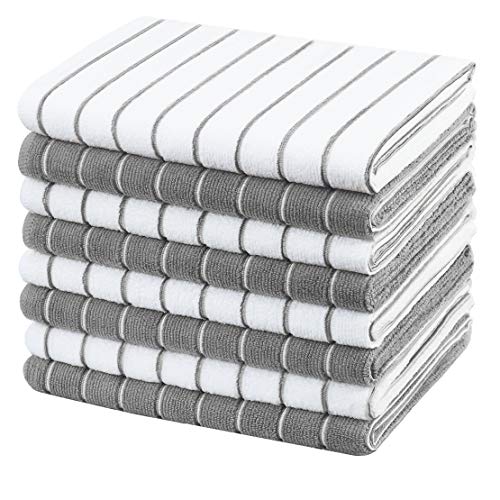 Book Cover Gryeer Microfiber Kitchen Towels, Stripe Designed, Soft and Super Absorbent Dish Towels, Pack of 8, 18 x 26 Inch, Gray and White