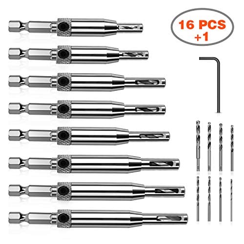Book Cover Werkzeug Self Centering Hinge Tapper Core Drill Bit Set for Woodworking, Adjustable Door Window Drill Bits with 1 Hex Key & 8 Replacement Drill Bits (5/64 - 1/4 Inches), 16 Pieces