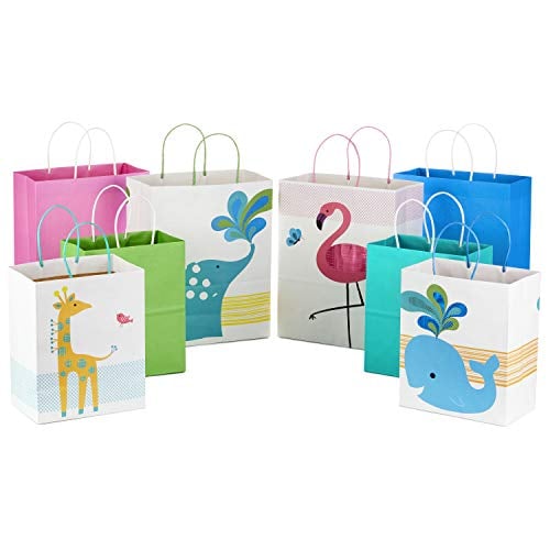 Book Cover Hallmark Paper Gift Bags Assortment - Pack of 8 in Pink, Blue, Flamingos, Whales, Giraffes for Kids Birthdays or Baby Showers (4 Medium 10