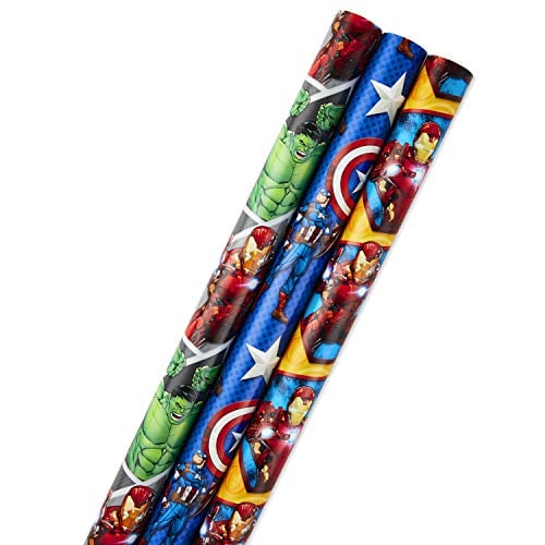 Book Cover Hallmark Avengers Wrapping Paper Bundle with Cut Lines on Reverse, Captain America, Iron Man, Thor (Pack of 3, 105 sq. ft. ttl.) for Birthdays, Holidays, Fathers Day and More
