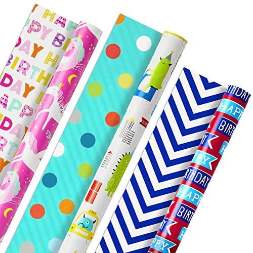 Book Cover Hallmark Reversible Kids Birthday Wrapping Paper, Monsters and Unicorns (Pack of 3, 120 sq. ft. ttl.)