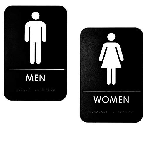 Book Cover Alpine Industries Men's & Women's Restroom Signs, Set of 2 - Durable Vertical Self Adhesive Back & White Bathroom Door Sign/Placard w/ Braille Lettering For Business Office & Restaurant