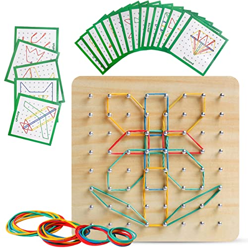 Book Cover Wooden Geoboard with Rubber Bands Graphical Math Pattern Blocks Geo Board - Montessori Educational Toy for Kids with Pattern Cards and Rubber Bands Create Figures Shape STEM Puzzle Matrix Brain Teaser