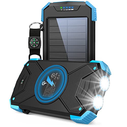 Book Cover BLAVOR Solar Charger Power Bank, Qi Wireless Charger 10,000mAh External Battery Pack Type C Input Output Dual Super Bright Flashlight, Compass Carabiner, Solar Panel Charging (Light Blue)