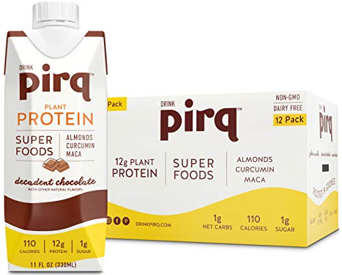 Book Cover Pirq, Vegan Plant Based Protein Shake, Low Calorie, Low Carb, Superfood, Almonds, Turmeric Curcumin, Maca, Gluten Free, Dairy Free, Soy Free, Kosher, Non-GMO, Keto (Decadent Chocolate, 12 Pack)