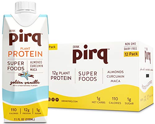Book Cover Pirq, Vegan Plant Based Protein Shake, Low Calorie, Low Carb, Superfood, Almonds, Turmeric Curcumin, Maca, Gluten Free, Dairy Free, Soy Free, Kosher, Non-GMO, Keto (Golden Vanilla, 12 Pack)