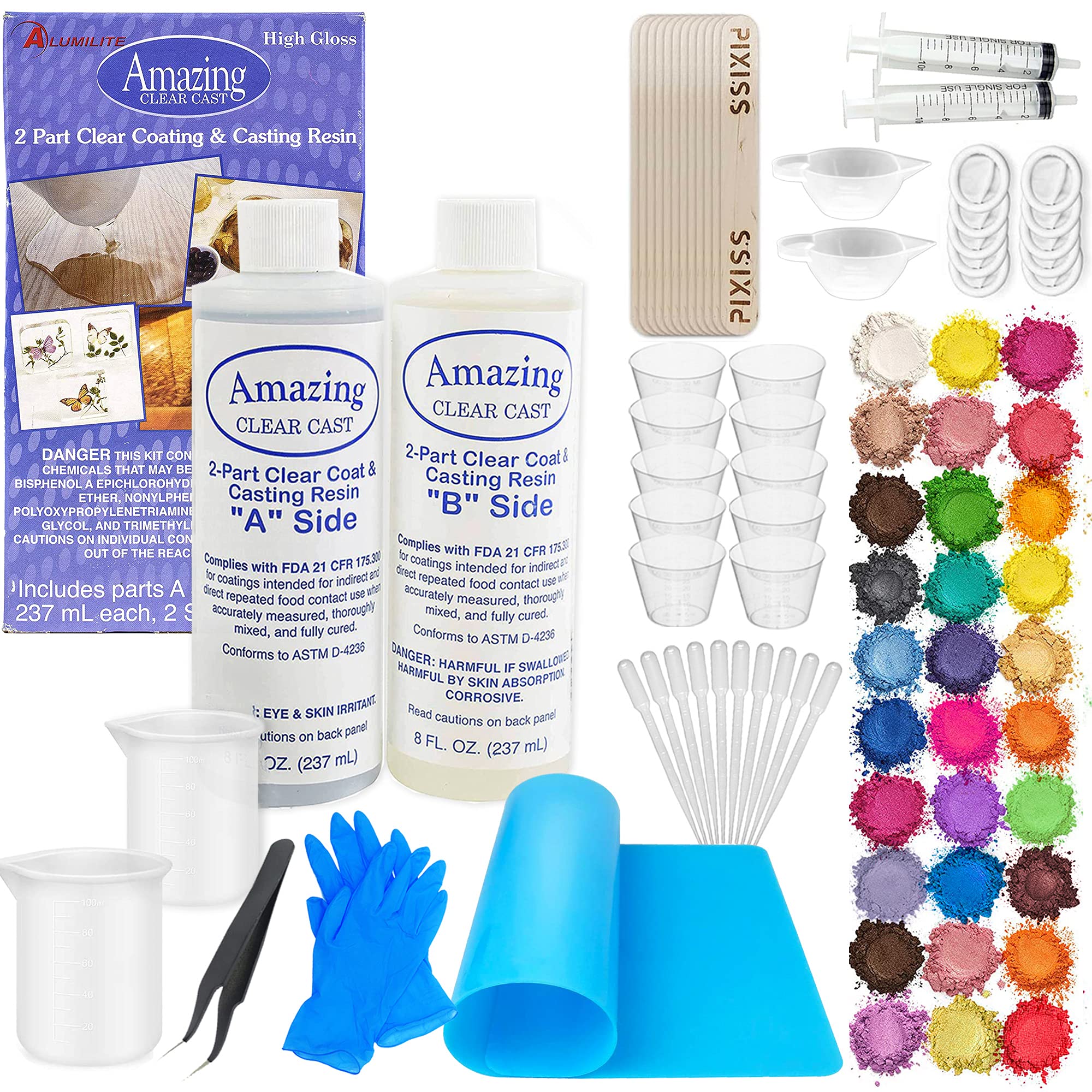 Book Cover Amazing Clear Cast Bundle - Amazing Clear Cast Resin 16 Ounce, Pixiss 15 Colors Resin Tinting Mica Powders (Assorted Colors), Mixing Sticks, Silicone Measuring Cups, Gloves, Pipettes