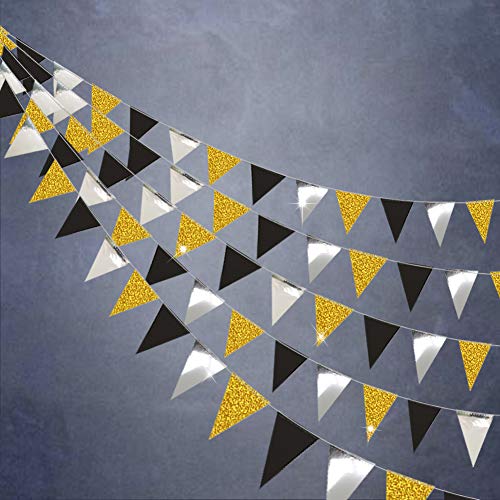 Book Cover Decor365 Gold Black Silver Vingage Triangle Flag Banner for Graduation Party Decorations Hanging Flag Decoration for Wedding/Birthday/Anniversary/Xmas Dance Prom Party Decor